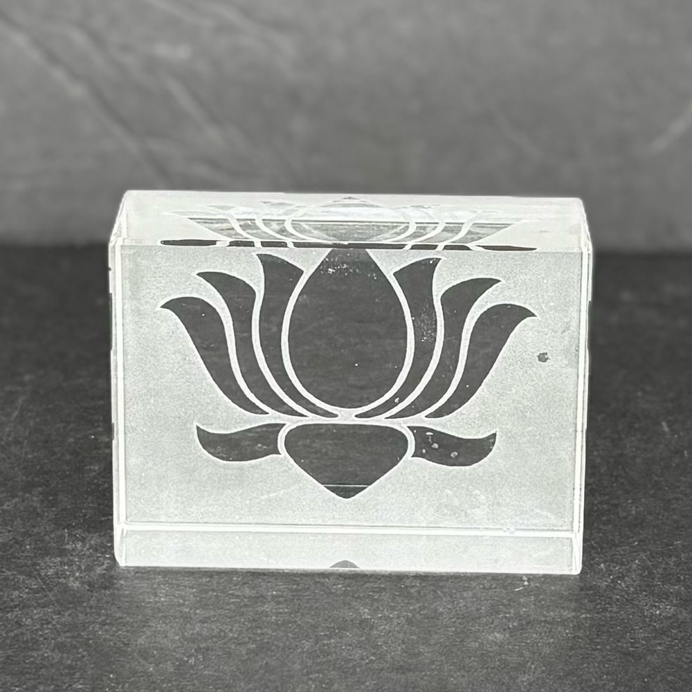 Crystal Frosted Front Glass Paper Weight Laser Engraved Lotus Flower Nature Zen